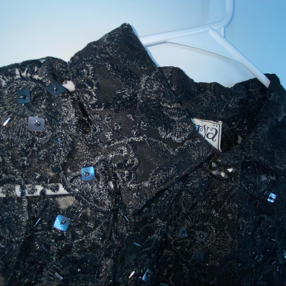 Vintage Black Lace Sequin Scalloped Hem Collared Top